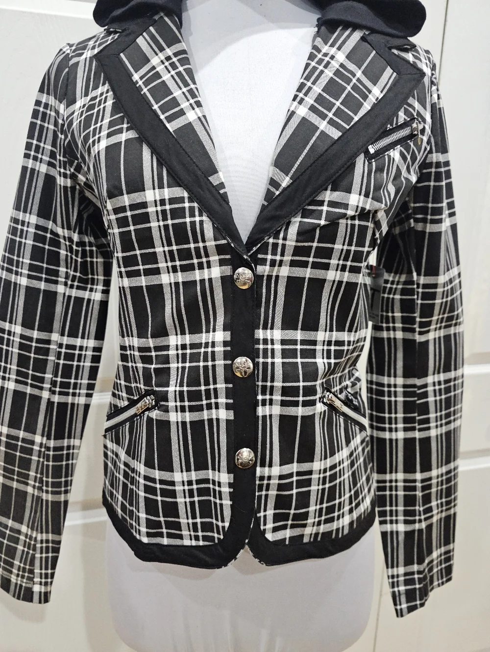 Rare Vintage Punk Goth Tripp NYC Black & White Plaid Snap Blazer Jacket Coat S - Picture 8 of 12